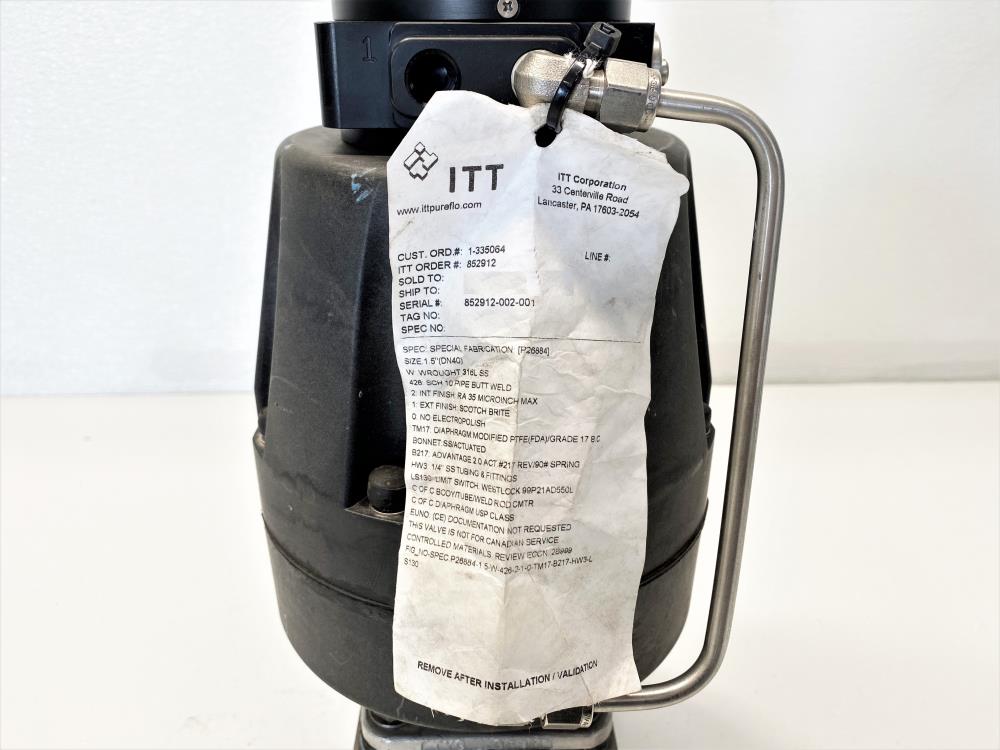 ITT Pure-Flo 1-1/2" Butt-Weld Stainless Sanitary Diaphragm Valve w/B217 Actuator